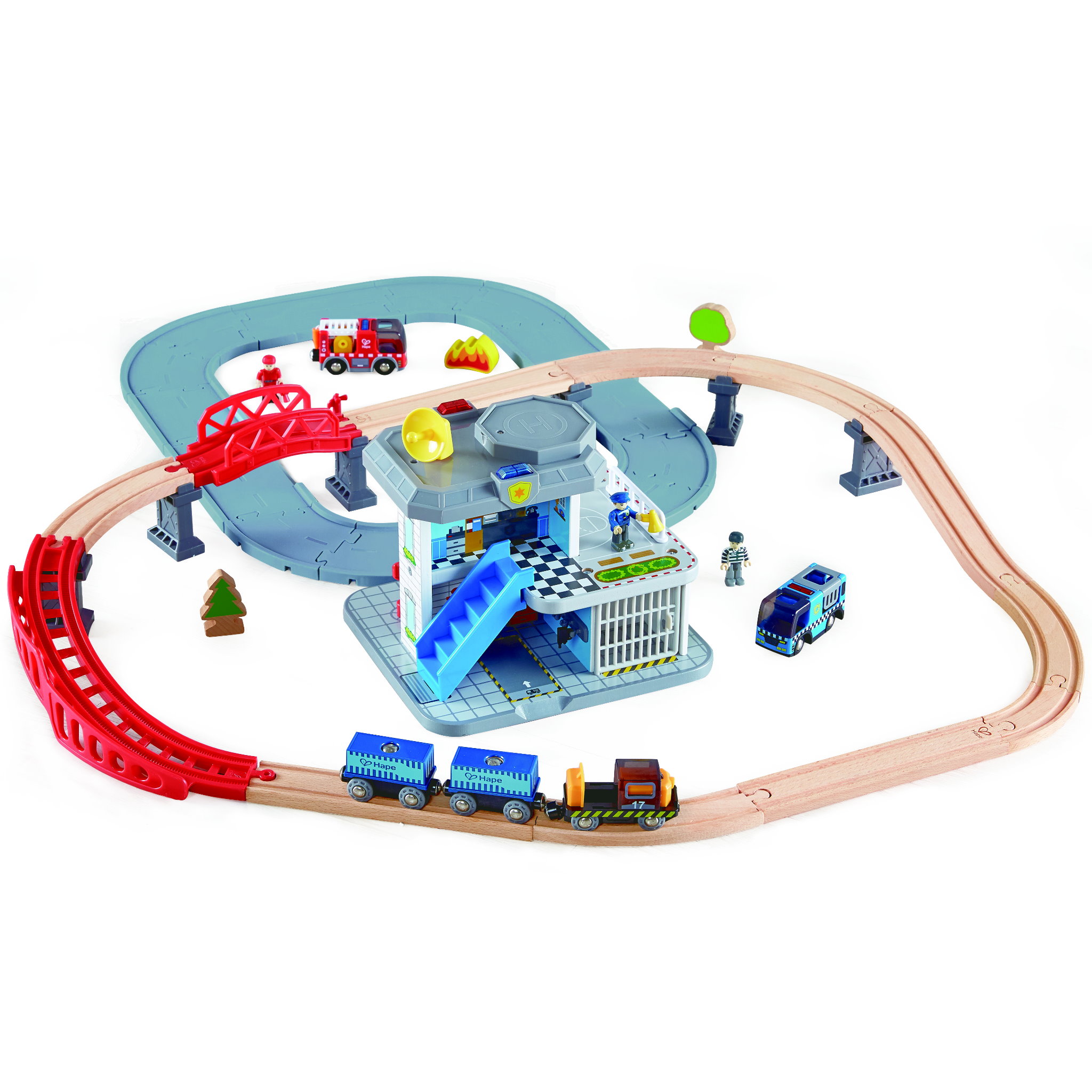 緊急服務總部木製列車玩具(55件組)__E3736